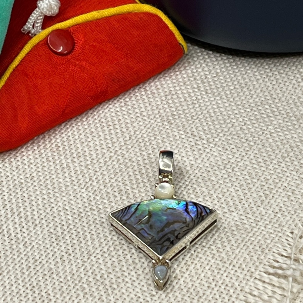✨ Abalone Shell & Gemstone Pendant – Sterling Silver Vintage Design - Picture 15 of 17